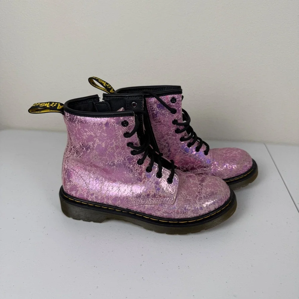 RARE Dr. Martens Boots Pink Shimmer Crackle Leather Lace Up Side Zip Size 3 Kids